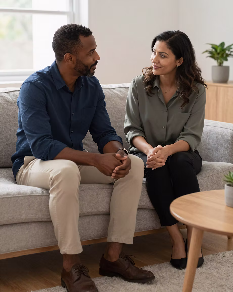 Couple sitting together on a sofa in warm natural light