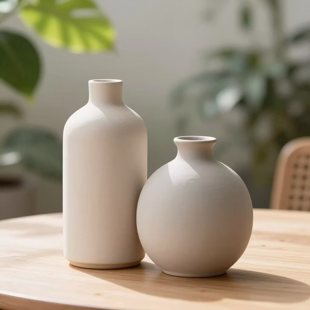 Soft ceramic vases on a wooden table with plants
