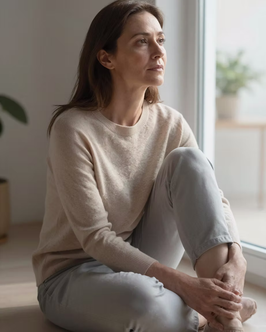 Woman sitting thoughtfully by a window in warm natural light
